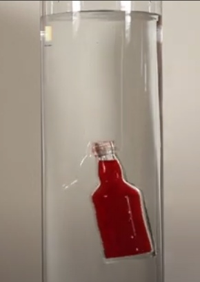 Segurando o pote pequeno apenas pelo fio de nylon introduza-o na água do pote grande, mantendo a boca do pote menor sempre apontada para cima, e o vá guiando até o fundo da garrafa com a ajuda do fio.