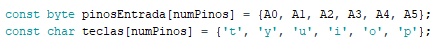 O último ajuste é definir quais teclas são pressionadas no computador quando os pinos/bananas são tocados, para isso altere os caracteres entre chaves na lista “teclas[numPinos]” se atentando que se referem respectivamente de A0 a A5.