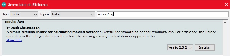 Caso o upload do programa na placa falhe devido a algum erro relacionado às bibliotecas “keyboard.h” ou “movingAvg.h”, é por que a biblioteca ainda não foi instalada, para resolver esse problema siga o caminho a seguir.
Na barra superior do arduino IDE acesse “ferramentas” e em seguida “gerenciar bibliotecas”. Na janela que abrir, escreva o nome da biblioteca faltante na barra de pesquisa e ao encontrá-la clique em instalar. Assim que instalado você já pode fazer o upload do programa para o arduino.