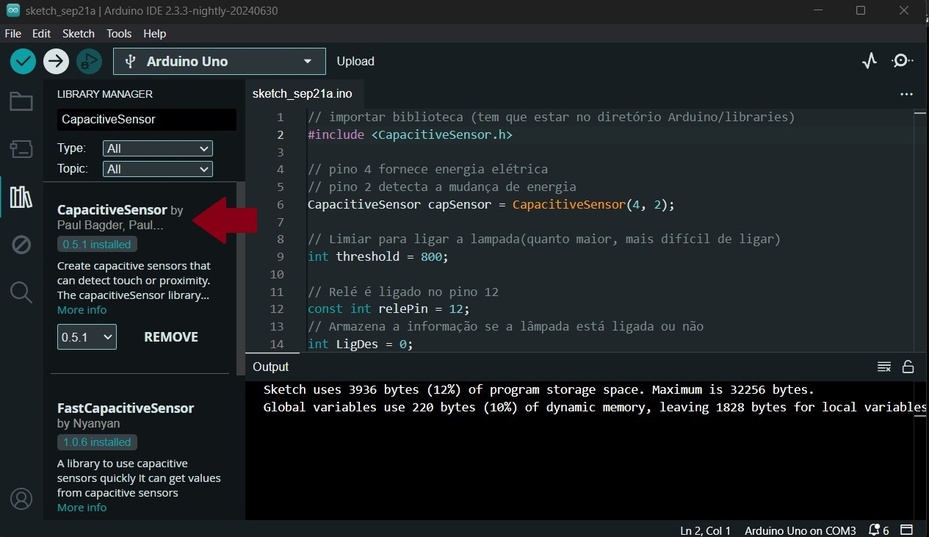 Inicie o software “Arduino IDE” e instale a biblioteca CapacitiveSensor by Paul Badger.
