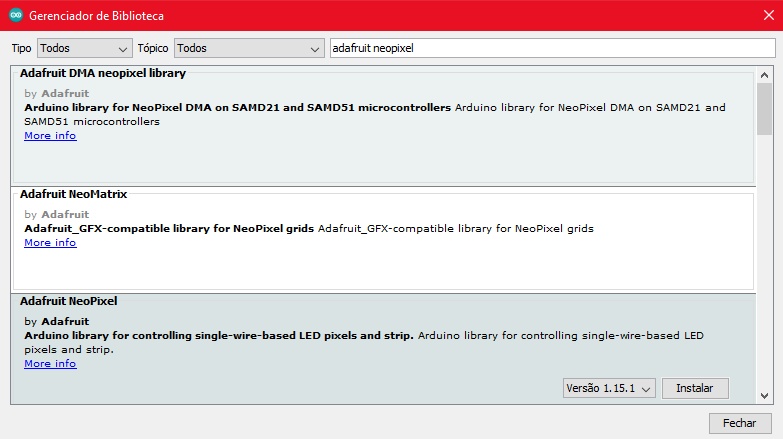 Abra o arquivo recém baixado com o arduino IDE e instale a biblioteca “Adafruit neopixel”
Para instalar a biblioteca siga o caminho, ferramentas > gerenciar bibliotecas, digite no campo de busca o nome da biblioteca e procure pela biblioteca com o nome exato e clique em instalar.